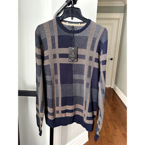 Point Zero Men's Jett Checkered Fine Gauge Cotton Sweater Navy/Oak Size L NWT
